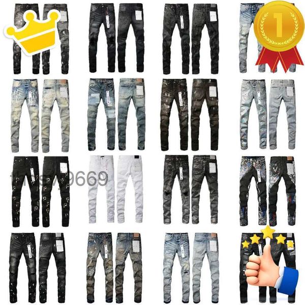 Mode Hommes Violet Jeans Designer Distressed Bikers Femmes Ripped High Street Marque Patch Hole Denim Cargo pour Hommes Pantalon Noir OYYR