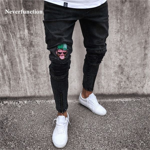 Mode Hommes Skinny Jeans noirs Ripped Slim Fit Stretch Denim Frayed Biker Jeans Garçons Motifs Brodés Crayon Pantalon 201111