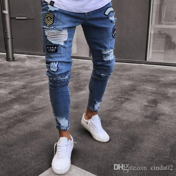 Mode Hommes Skinny Jeans Déchiré Slim Fit Stretch Denim En Détresse Effiloché Biker Jeans Garçons Motifs Brodés Crayon Pantalon