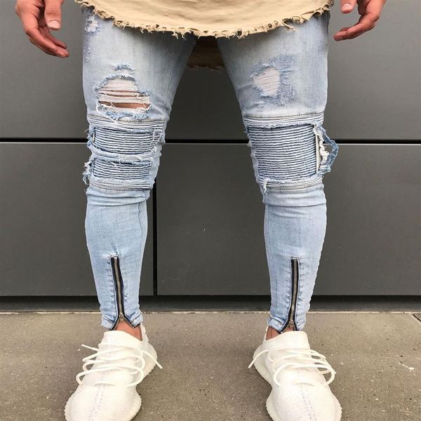 Jeans ajustados para hombre de moda Ripped Slim Fit Stretch Denim Distress Frayed Jeans Boys Patrones Lápiz Pantalones 240U