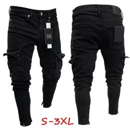 Moda para hombre Slim Fit Urban pierna recta pantalones negros Denim Casual lápiz Jogger pantalones cargo S-3XL 240111