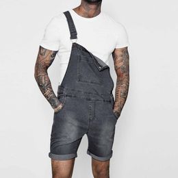 Mode hommes couleurs unies multi-poches Baggy jean combinaison Streetwear jarretelle Shorts barboteuses Denim salopette grande taille