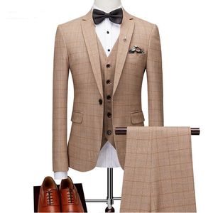 Mode Herenpakken 3 Pieces Prom Trouwjurk Formele Slim Fit Plaid Mannen Pak Set Groom Tuxedo 2018 (Jas + Pants + Vest) Terno