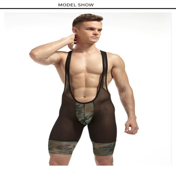 Fashion Mens Transparent Mesh BodySuit Novelty Camouflage Printing Splice Jumps Sexy Male Bondage Lingerie Underwear 3207