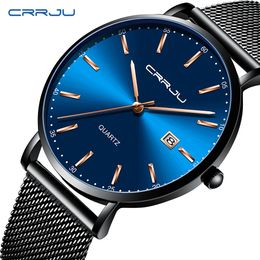 Fashion Mens Watches Crrju topmerk luxe blauw waterdichte horloges ultra dunne date eenvoudige casual kwarts horloge heren sportklok
