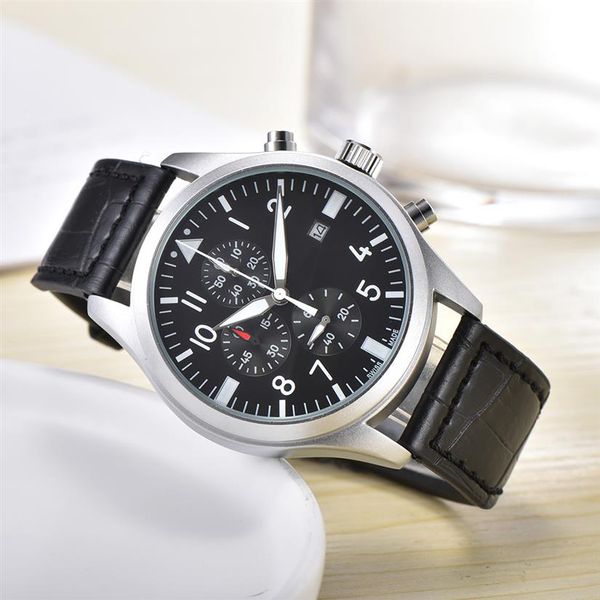 Relojes para hombre de moda Reloj piloto Todo Dial Trabajo Movimiento de cuarzo Cronómetro Correa de cuero Reloj deportivo Splash Diseño impermeable 187Z