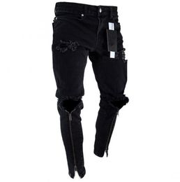 Mode-Hommes Zipper Holes Designer Black Jeans Slim Fit Ripped Représen Crayon Pantalons multi style