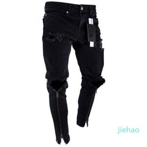 Fashion- Mens Zipper Holes Designer Jeans Noir Ripped Slim Fit Represen Crayon Pantalon Multi Style258d