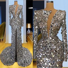 Robes de soirée de sirène de mode manches longues robes de bal col en V profond paillettes brillant avant fendu sur mesure robes de soirée de balayage train