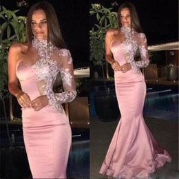 Mode Mermaid Prom Dresses Hoge Hals One Shoulder Sheer Kant Lange Mouw Formele Avond Feestjurken Abendkleider