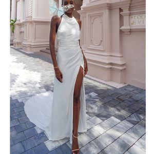 Fashion Mermaid Wedding Jurk voor bruid sexy hoge split halter halslijn satijnen kanten bruidsjurken voor huwelijk voor Nigeria illusie ontwerpers jurken