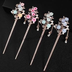 Fashion Metal Chinese Style Tassels Hair Stick Flower Rhinestone Hair Chopsticks Hairpin Wedding Party Headwear Headpiece