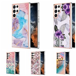 Mode Métallique Fleur Marbre Doux IMD TPU Cas Pour Samsung Galaxy S23 Ultra Plus A04E A54 A34 A14 5G Océan Mer Bling Échelle Chromé Placage Granit Pierre Couverture Arrière