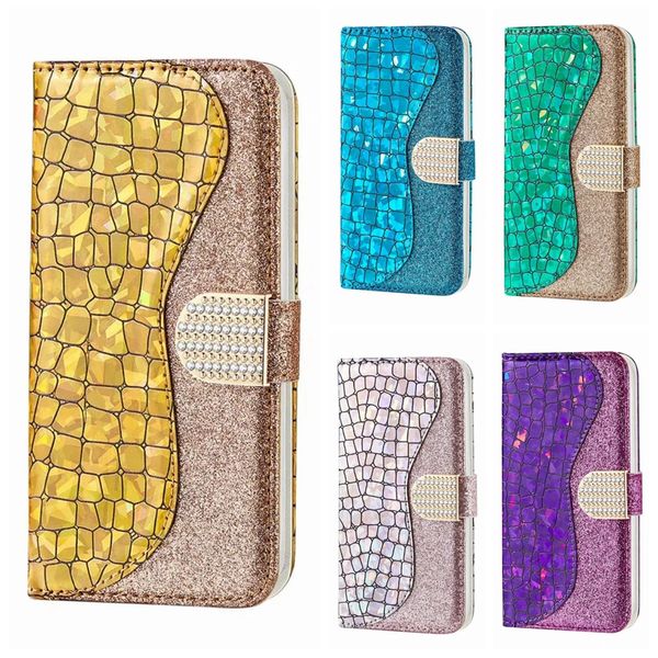 Étuis portefeuille en cuir de crocodile pour Iphone 14 Pro 13 12 11 XS MAX XR X 8 7 6 5 Samsung Note 20 Bling luxe Croco serpent paillettes diamant carte étincelle paillettes couverture filles pochette