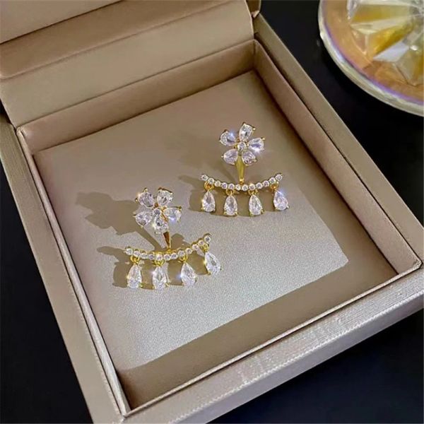 Mode Micro-incrusté Zircon Fleur Gland 14k Boucles D'oreilles En Or Jaune pour Femmes Style Coréen Haut De Gamme Lumière Luxe Boucles D'oreilles 2024 Femmes Bijoux