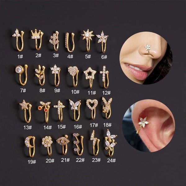 Moda Micro incrustaciones de circonita cúbica Clip de nariz en forma de U Clip de hueso del oído Anillo de nariz perforado popular Joyas de aretes Real 14K Oro Sin perforación Joyería de cuerpo falso al por mayor