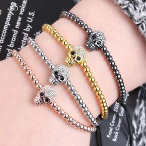 Mode Micro Pave Copper Skull Charm Armband 4mm Beads Strands Armbanden