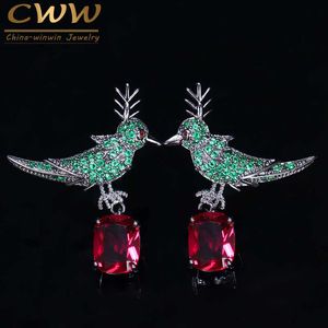 Mode Micro Pave Rouge Vert Goutte Cubique Zircon Cristal Chanceux Oiseau Boucles D'oreilles Bijoux pour Dames CZ141 210714