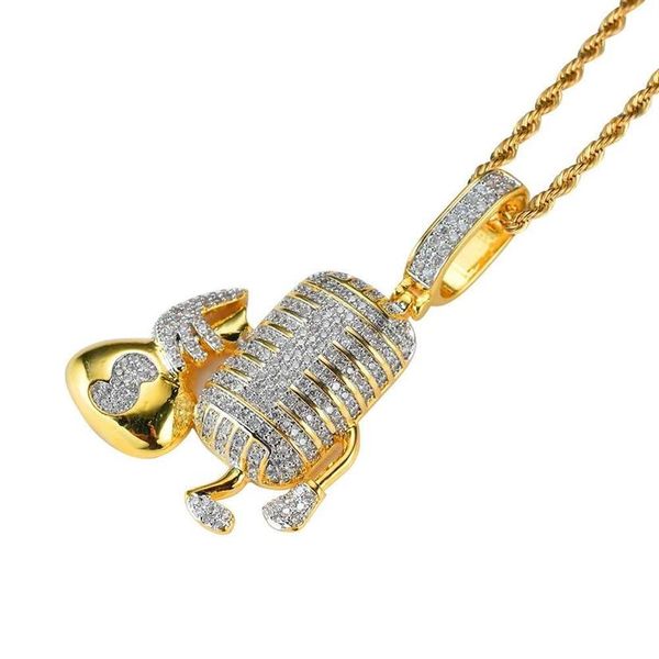 Mode- Microphone diamants pendentif colliers pour hommes musique occidentale collier de luxe véritable plaqué or cuivre zircons chaînes cubaines307k