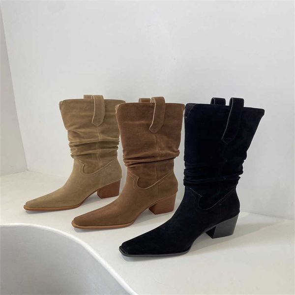 Botas de media pantorrilla a la moda, botas de mujer plisadas de ante con tacón grueso, botas grandes hasta la rodilla, botas Martin para mujer 100923