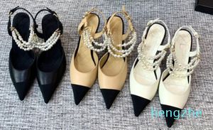 Sandalias de perlas de tacón medio de moda Zapatos de diseñador de verano para mujer Tacones puntiagudos Zapatos de vestir elegantes vintage Zapatos de vestir avanzados exquisitos