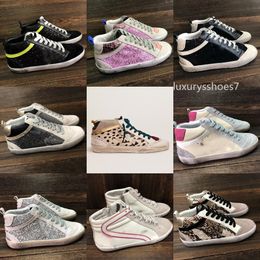Moda Mid Slide Star High-top Sneakers Mujer Zapatos Italia marca rosa-oro brillo Classic Leopard White Do-old Dirty Shoe
