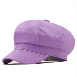 Fashion Military Cap for Women Winter Buckle Pu Flat Hat Women Army Hat Sailor Hats Black Ladies Beret Caps J220722