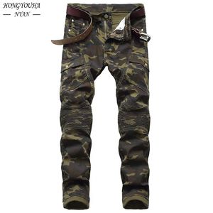 Mode Militaire Heren Camouflage Jeans Mannelijke Slanke Trend Hiphop Rechte Legergroen Pocket Cargo Denim Jeugd Merk Broek 240202