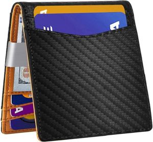 Fashion Minimalist Men Billet Bifold Fibra de carbono de cuero genuino Dinero Money Clip Purse Balletera Rfid Bloqueo de tarjetas PO Holder Org1139784159