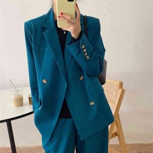 Mode minimalistische vrouwen elegantie solide blazers + rechte slanke losse broek Alle matchen slankuit twee stukken sets 210525