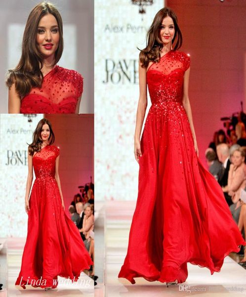 Mode Miranda Kerr piste robe de soirée en mousseline de soie rouge une épaule longue robe de bal robe de célébrité robe de soirée formelle 9402539
