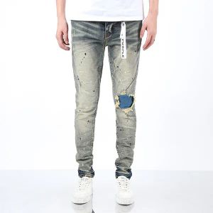 Paarse jeans heren jeans ontwerpers jeans High Street Blue Denim Slim Fit verf Graffiti patroon Heren jeans paarse jeans voor mannen zwarte broek