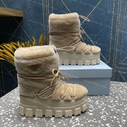 Mode Monolith Designer Laarzen Vrouw Plaque Enkel Ski Sneeuwboos Lace Up Korte Platform Laarsjes Ronde Dames Winterschoenen Schoeisel