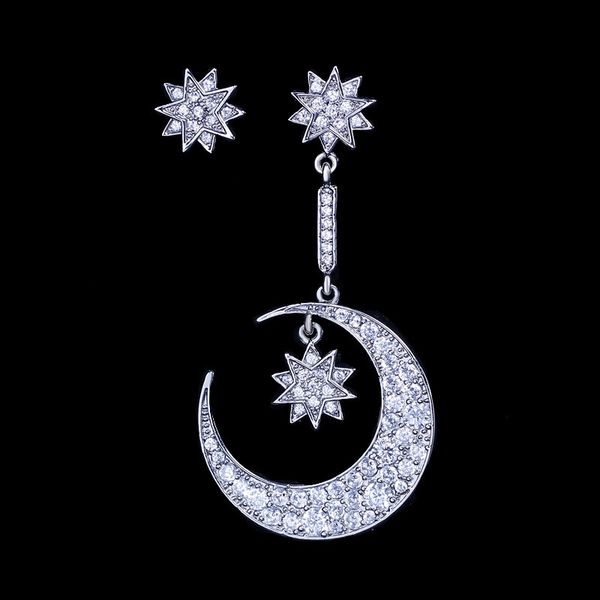 Boucles d'oreilles pendantes Style lune étoile, or blanc rempli de zircon 5A Cz, boucles d'oreilles pendantes de mariage pour femmes, bijoux de demoiselle d'honneur