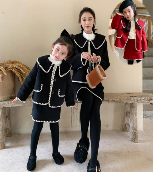 Mode mère et fille tenues en laine filles revers manches longues outwear jupe 2 pièces ensembles maman et moi épaissir vêtements assortis 3331262