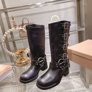 Fashion Motorcycle Knee High Boots Designer Woman Booties Belt Buckled Cowskin Leather Chunk Heels Square Toe Knight Boot Winter Shoes