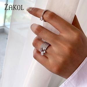 Mode multicouche goutte d'eau CZ anneau zircone fiançailles anneaux ouverts pour les femmes corée couleur argent filles bijoux de mariage