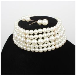 Collier ras du cou multicouche en perles blanches avec Fixation de tranches de métal, large bavoir, bijoux à breloques pour femmes, collier de fête de mariage, 238l