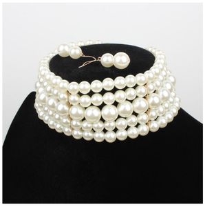 Fashion Multilayer White Pearl Choker with Metal Slice Fixation Wide Bib Necklace Jewelry Charm Women Party Wedding Necklace