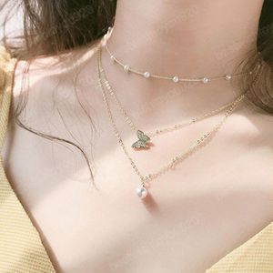 Collier de perles papillon multicouches pour femmes, ras du cou en perles dorées, bijoux à la mode