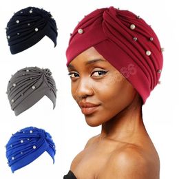 Mode musulman Turban casquette perlée extensible pour les femmes chapeau indien Famale Hijab perles blanches nouées couleur unie couvre-chef