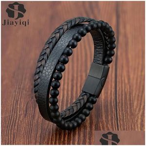 Mode Mutilayer lederen armband voor mannen Charm roestvrijstalen magnetische sluiting Wrap Bangle Dhgarden Otrjn