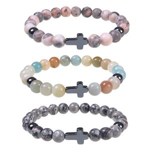 Mode Naturel Amazon Pierre Hématite Croix Élasticité Bracelet Pour Femmes Hommes Bijoux