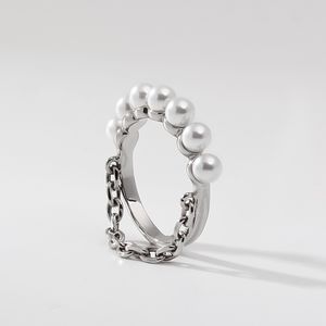 Mode natuurlijke zoetwaterparel ringen voor dames dubbellaagse ketting metalen onregelmatige geometrische ring