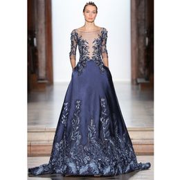 Fashion Navy Blue Beaded Evening Dresses Sheer Bateau Neck Sequined Plus Size Prom Gowns A Line Long Sleeves Satin Appliqued Formal Dress