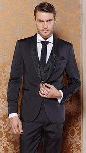 Mode Marineblauw Bruidegom Tuxedos Zwart Jacquard Revers Groomsmen Mens Trouwjurk Uitstekende Man Jacket Blazer Pak (Jas + Broek + Vest + Tie) 963