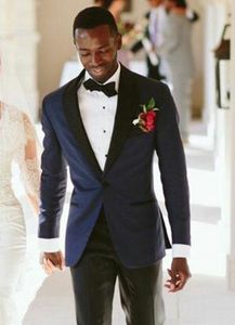 Tuxedos de marié bleu marine à la mode, revers noir, Tuxedos de mariage, excellents hommes, blazer formel, costume de veste de bal (veste + pantalon + cravate) 1276