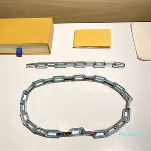 Mode Ketting Armband Mannen Zilverkleurige Metalen Gegraveerde Brief Bloem Patroon Blauw Emaille Dikke Schakels Sieraden Sets