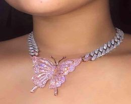 Colliers de mode 15 mm Iced Out Bling Cuban Link Chain Rose Gold Gold Pink Butterfly Collier Silver Color 2Row CZ Choker Women Hip Hop8979777
