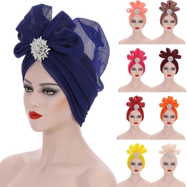 Mode nouveau africain Auto Geles Bonnet chapeau Net Turban pour les femmes musulmanes bandeau femmes tête écharpe Turban casquette avec broche en cristal